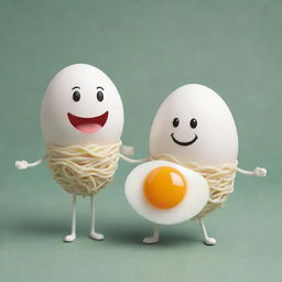 The scene of a noodle and egg anthropomorphized, smiling and holding hands in a whimsical, cartoon style.