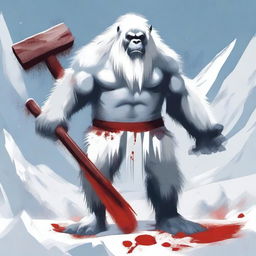 A fierce yeti standing in a snowy mountainous landscape, holding a bloody sledge hammer