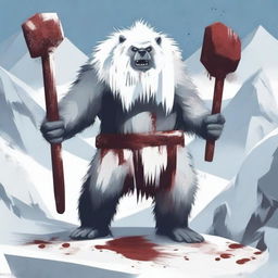 A fierce yeti standing in a snowy mountainous landscape, holding a bloody sledge hammer