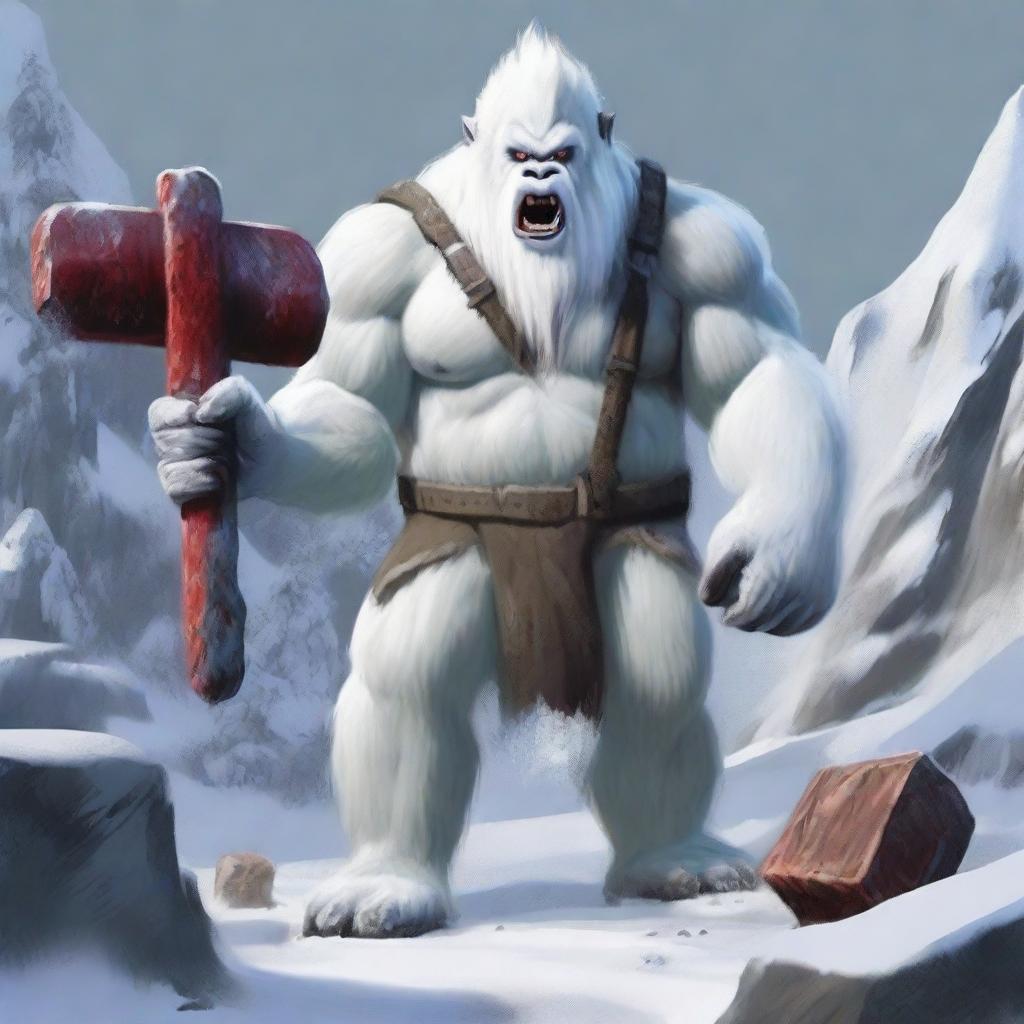 A highly realistic yeti holding a large sledge hammer, standing in a snowy and rugged mountainous environment