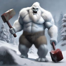A highly realistic yeti holding a large sledge hammer, standing in a snowy and rugged mountainous environment