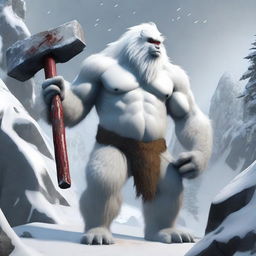 A highly realistic yeti holding a large sledge hammer, standing in a snowy and rugged mountainous environment