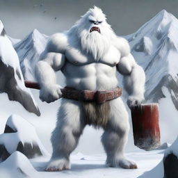 A highly realistic yeti holding a large sledge hammer, standing in a snowy and rugged mountainous environment
