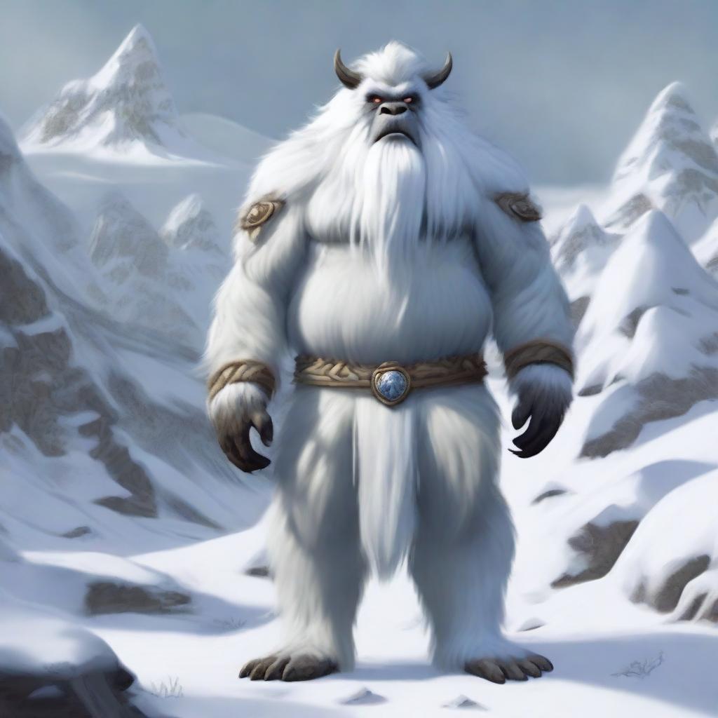 A realistic depiction of a yeti standing in a snowy, mountainous region