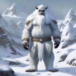 A realistic depiction of a yeti standing in a snowy, mountainous region