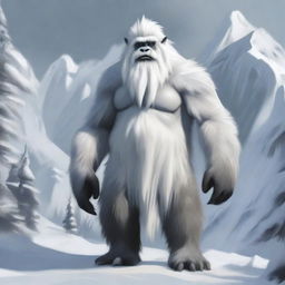 A realistic depiction of a yeti standing in a snowy, mountainous region