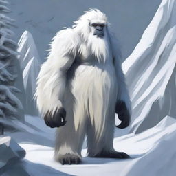 A realistic depiction of a yeti standing in a snowy, mountainous region