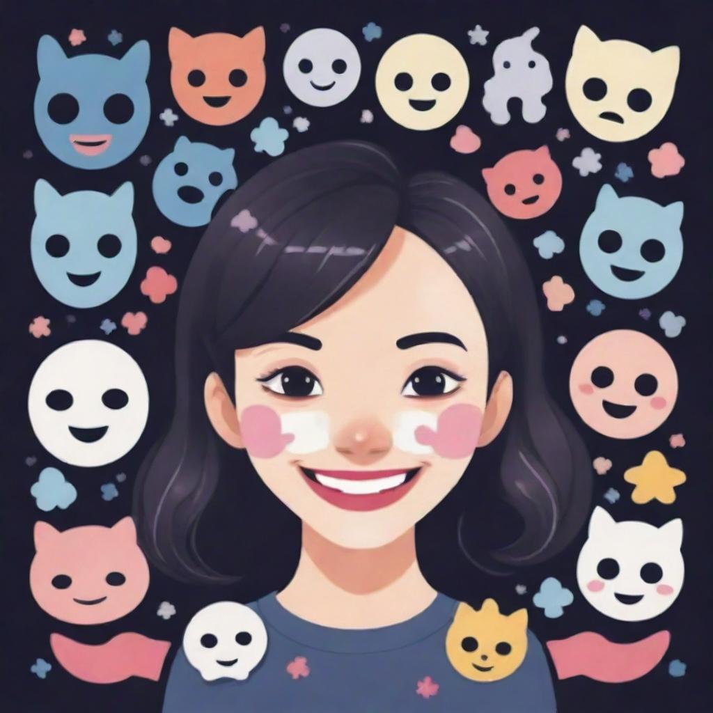 A kawaii 2D illustration of a girl smiling but partially masked with a larger, dramatically smiling mask. Surrounding her are various symbols representing social expectations and others' hopes, including jigsaw puzzles, keys, and question marks in dark shadows.