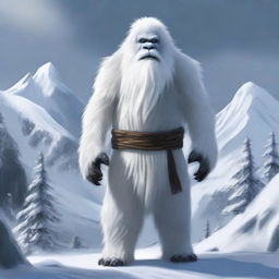 A realistic depiction of a yeti standing in a snowy, mountainous region