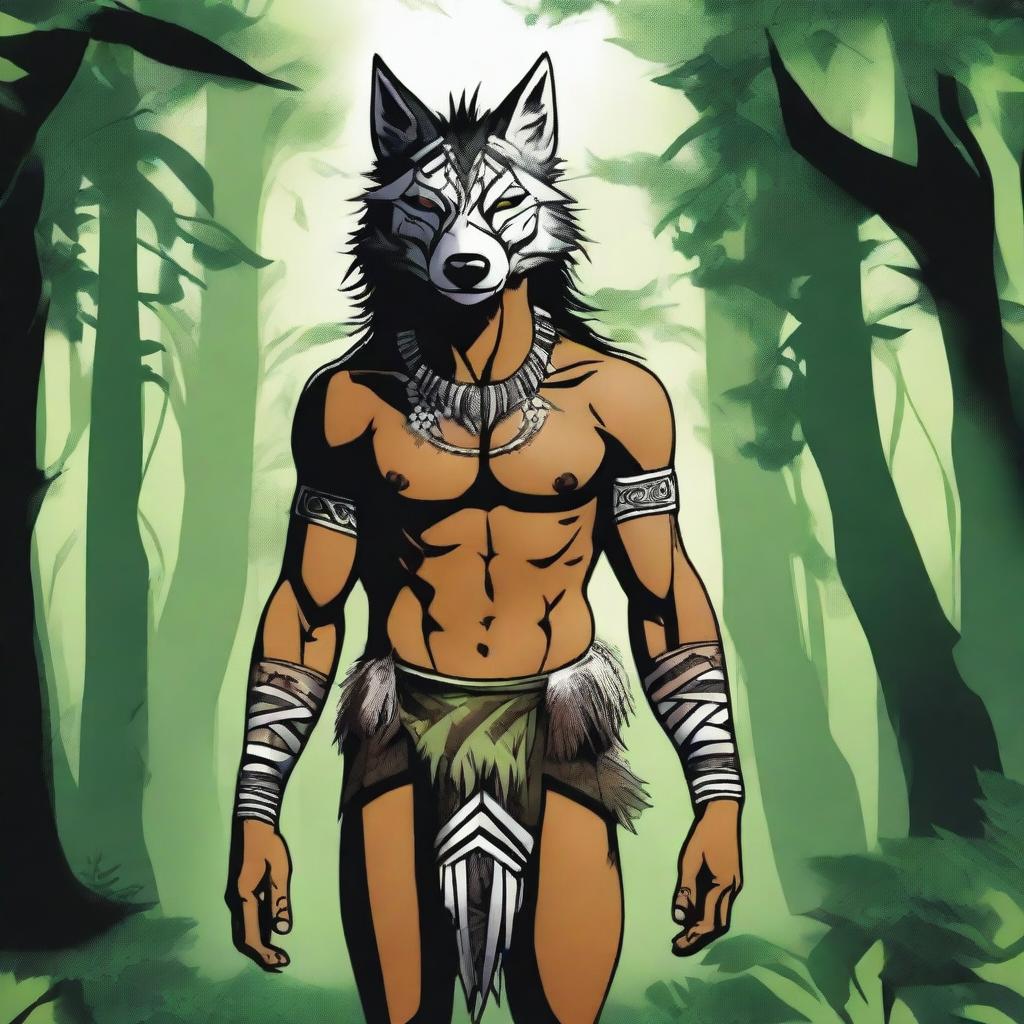 A realistic illustration of a tribal man standing in a dense forest