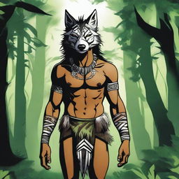 A realistic illustration of a tribal man standing in a dense forest