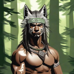 A realistic illustration of a tribal man standing in a dense forest