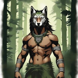 A realistic illustration of a tribal man standing in a dense forest