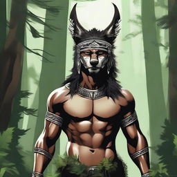 A realistic illustration of a tribal man standing in a dense forest