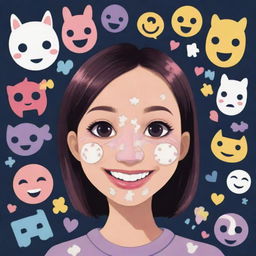 A kawaii 2D illustration of a girl smiling but partially masked with a larger, dramatically smiling mask. Surrounding her are various symbols representing social expectations and others' hopes, including jigsaw puzzles, keys, and question marks in dark shadows.