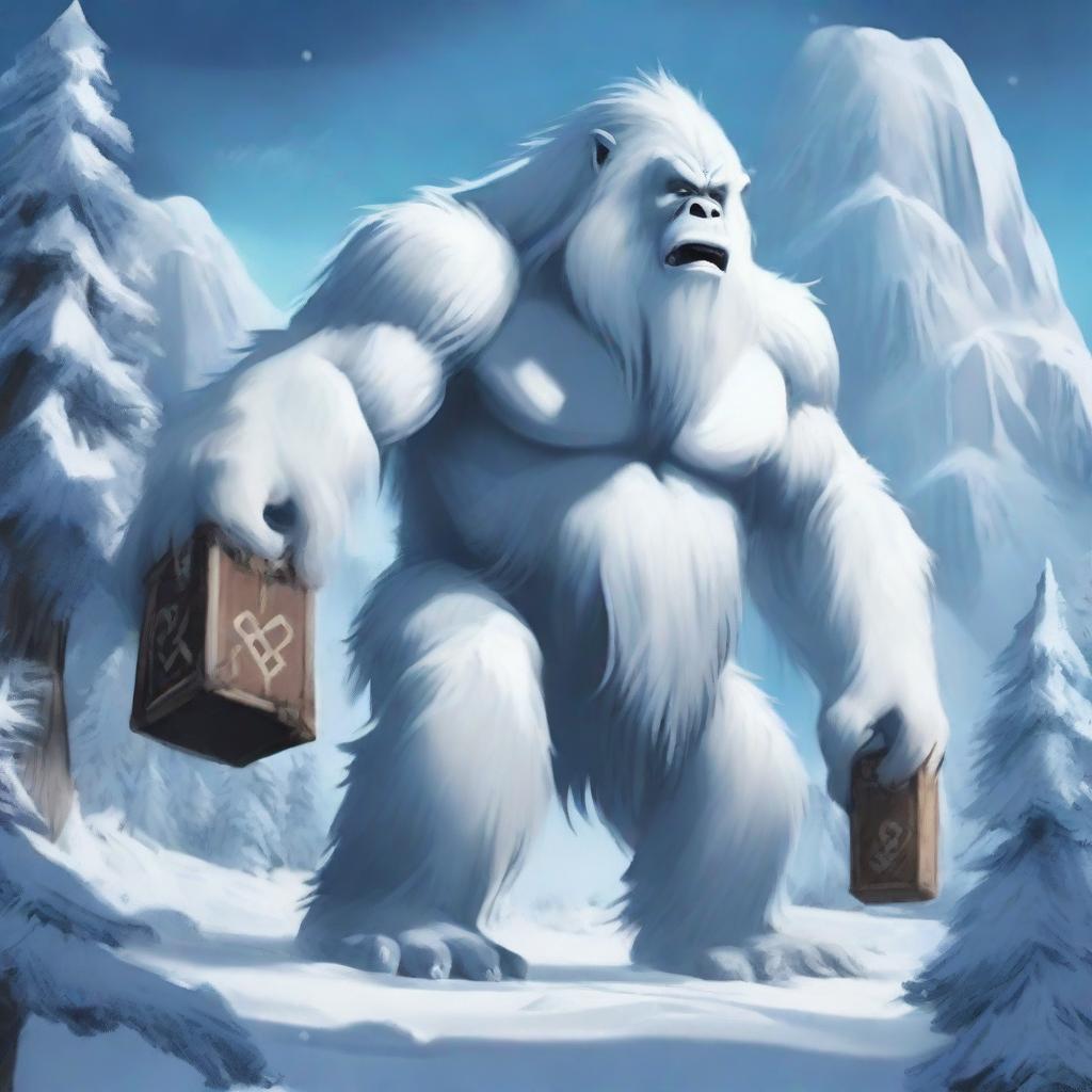 In the icy heart of a secluded mountain range, roams a colossal yeti adorned with fur as white as freshly fallen snow
