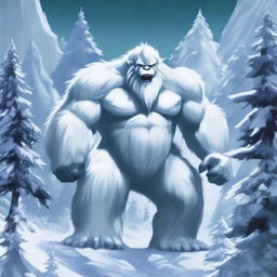 In the icy heart of a secluded mountain range, roams a colossal yeti adorned with fur as white as freshly fallen snow