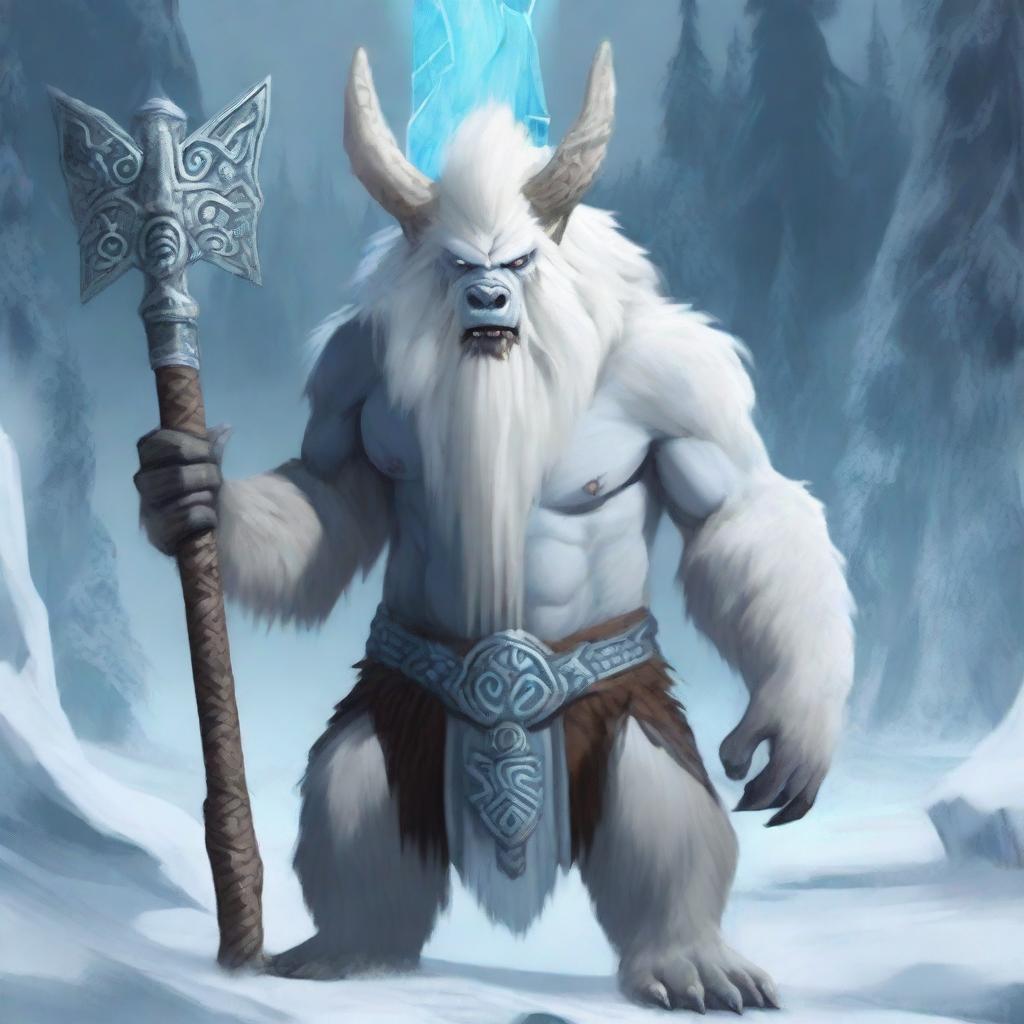 In the midst of a frozen realm stands a towering yeti, its massive frame draped in a mantle of white fur