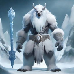 In the midst of a frozen realm stands a towering yeti, its massive frame draped in a mantle of white fur