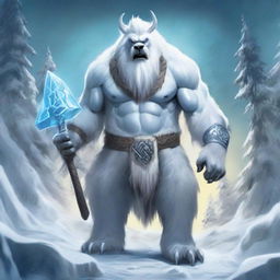In the midst of a frozen realm stands a towering yeti, its massive frame draped in a mantle of white fur