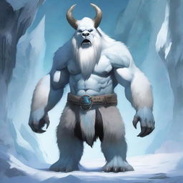 In the midst of a frozen realm stands a towering yeti, its massive frame draped in a mantle of white fur