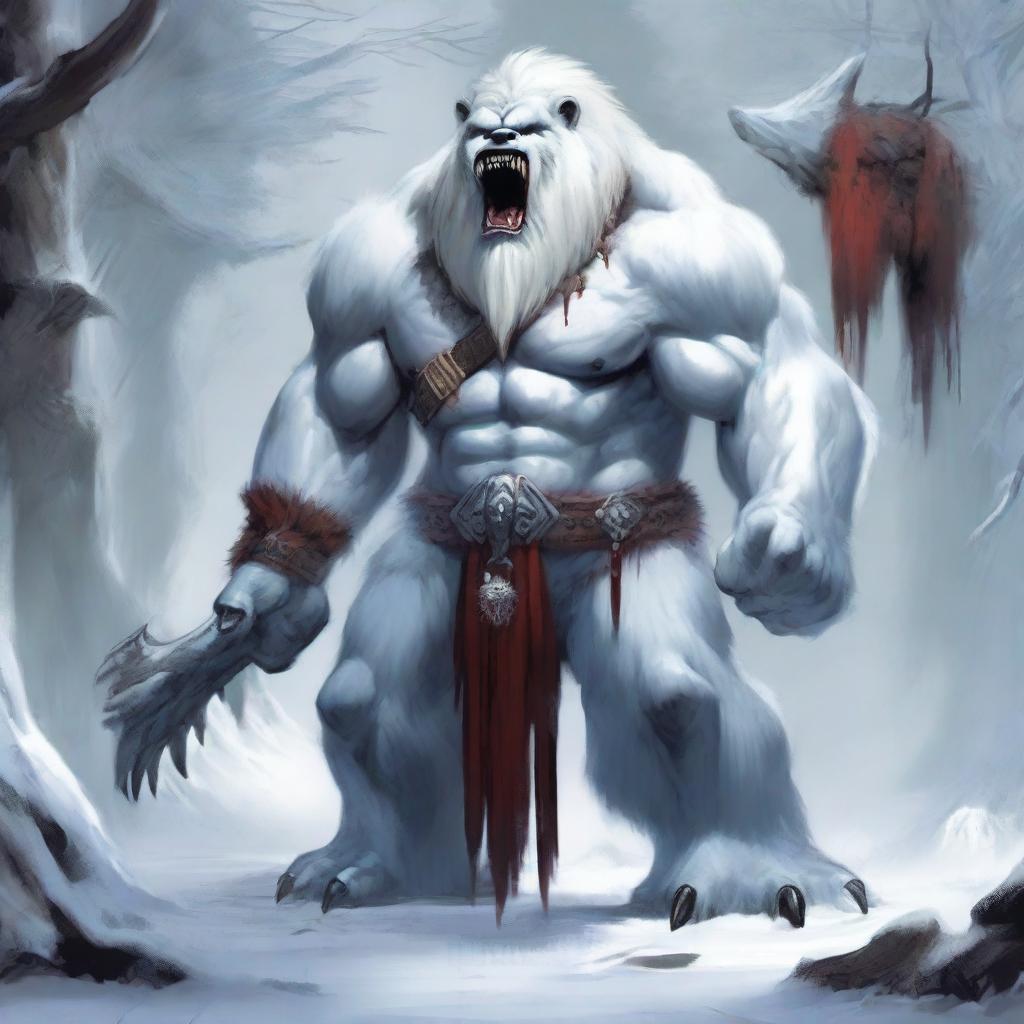 In the midst of a frozen realm stands a towering yeti, its massive frame draped in a mantle of white fur
