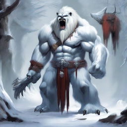 In the midst of a frozen realm stands a towering yeti, its massive frame draped in a mantle of white fur