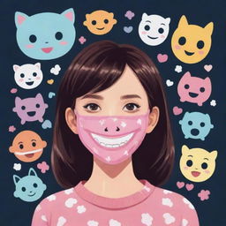 A kawaii 2D illustration of a girl smiling but partially masked with a larger, dramatically smiling mask. Surrounding her are various symbols representing social expectations and others' hopes, including jigsaw puzzles, keys, and question marks in dark shadows.