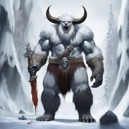 In the midst of a frozen realm stands a towering yeti, its massive frame draped in a mantle of white fur