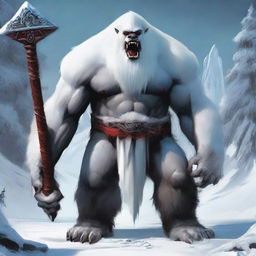 In the midst of a frozen realm stands a towering yeti, its massive frame draped in a mantle of white fur