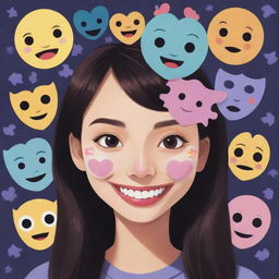 A kawaii 2D illustration of a girl smiling but partially masked with a larger, dramatically smiling mask. Surrounding her are various symbols representing social expectations and others' hopes, including jigsaw puzzles, keys, and question marks in dark shadows.