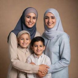 A warm and affectionate family portrait featuring a father, a mother wearing a hijab, and their two sons standing together with beaming smiles.