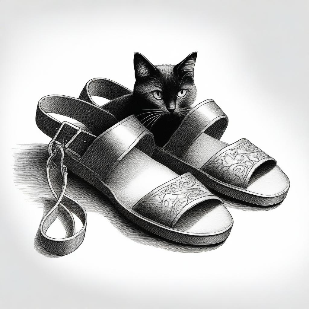 A black cat curled around a pair of old leather sandals, sketched in black and white
