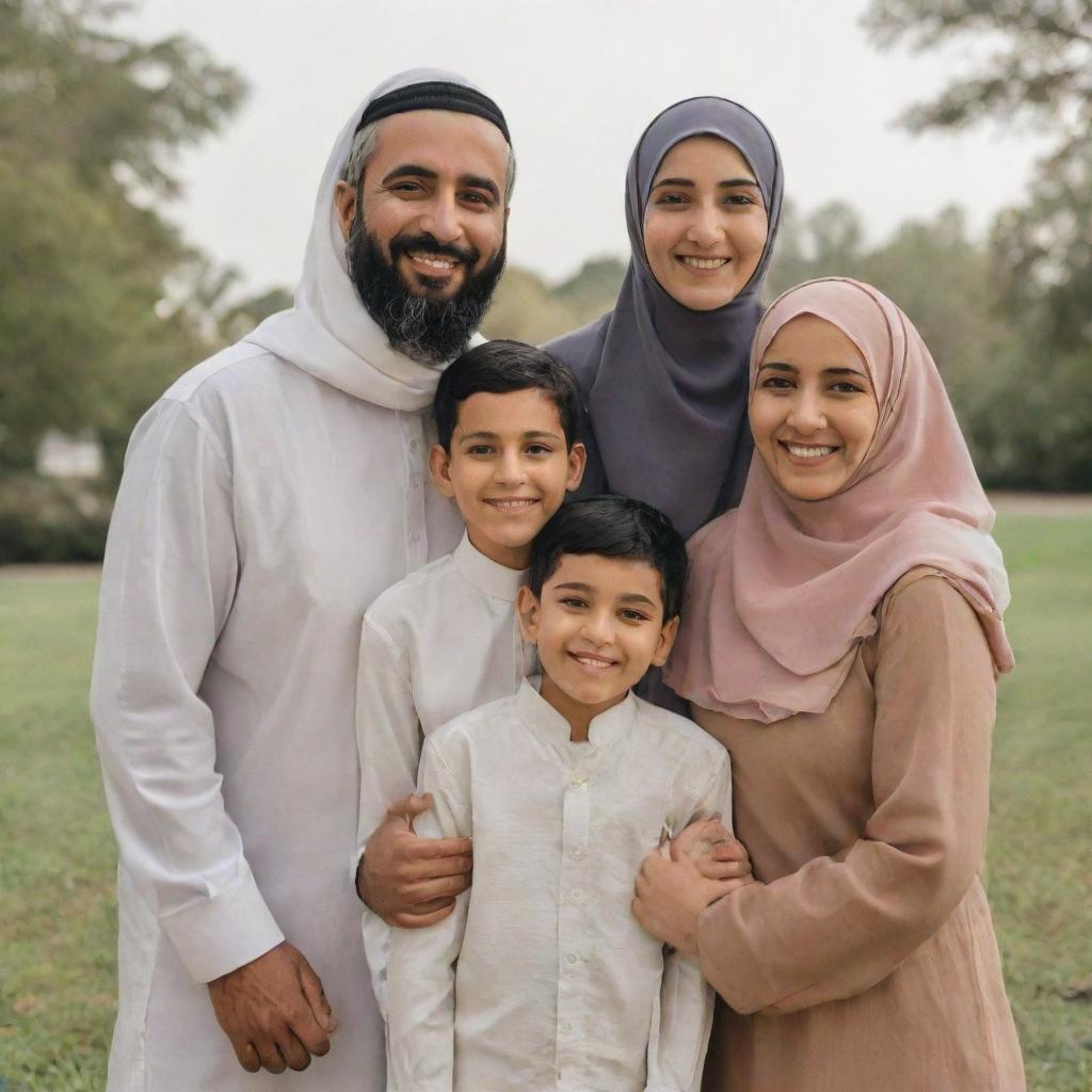 A warm and affectionate family portrait featuring a father, a mother wearing a hijab, and their two sons standing together with beaming smiles.