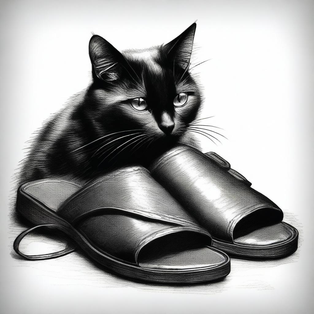 An old black cat curled around a pair of leather sandals, sketched in black and white
