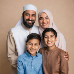 A warm and affectionate family portrait featuring a father, a mother wearing a hijab, and their two sons standing together with beaming smiles.