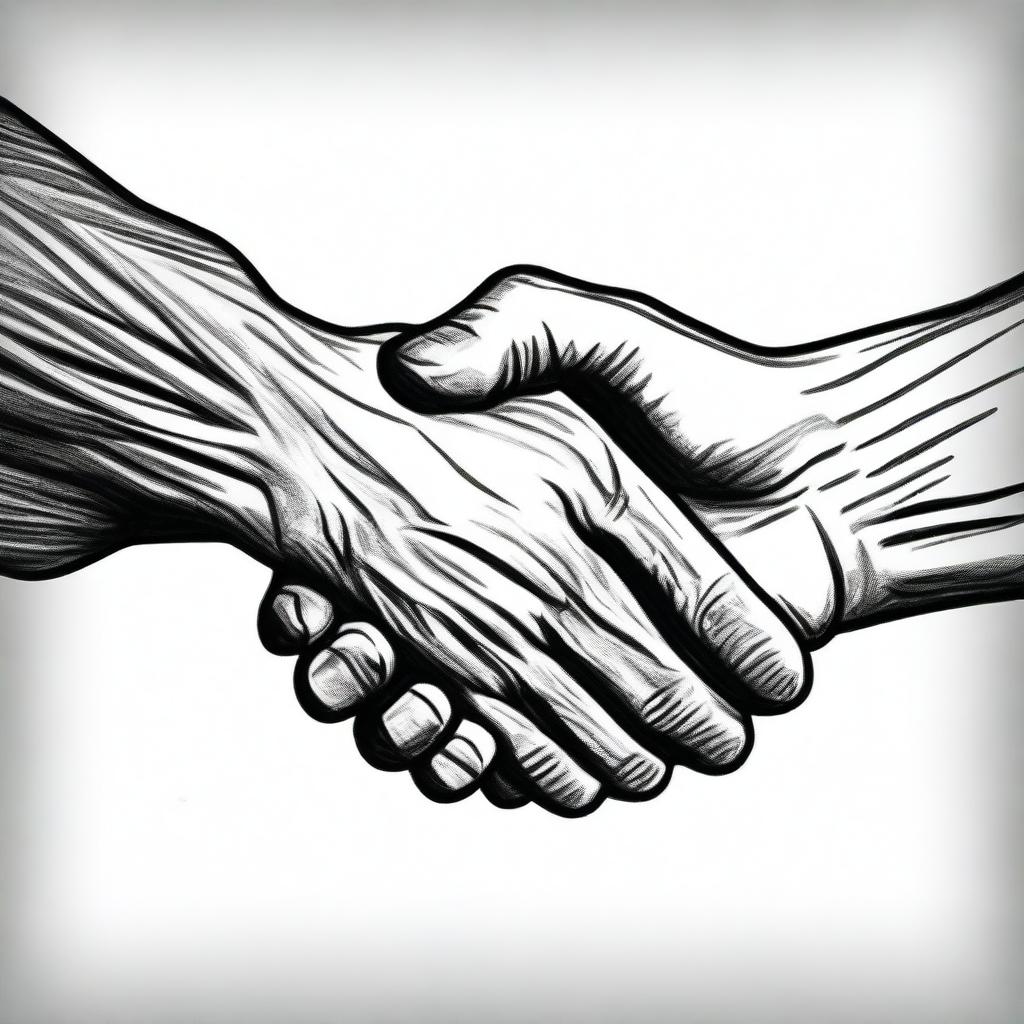 A young hand shaking hands with an old hand, sketched in black and white