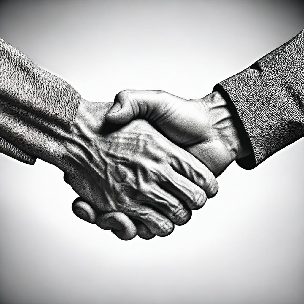 A realistic black and white image of a young hand shaking hands with an old hand