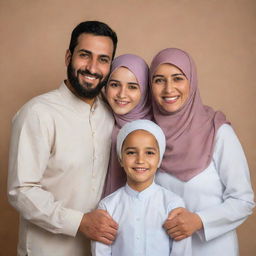 A warm and affectionate family portrait featuring a father, a mother wearing a hijab, and their two sons standing together with beaming smiles.