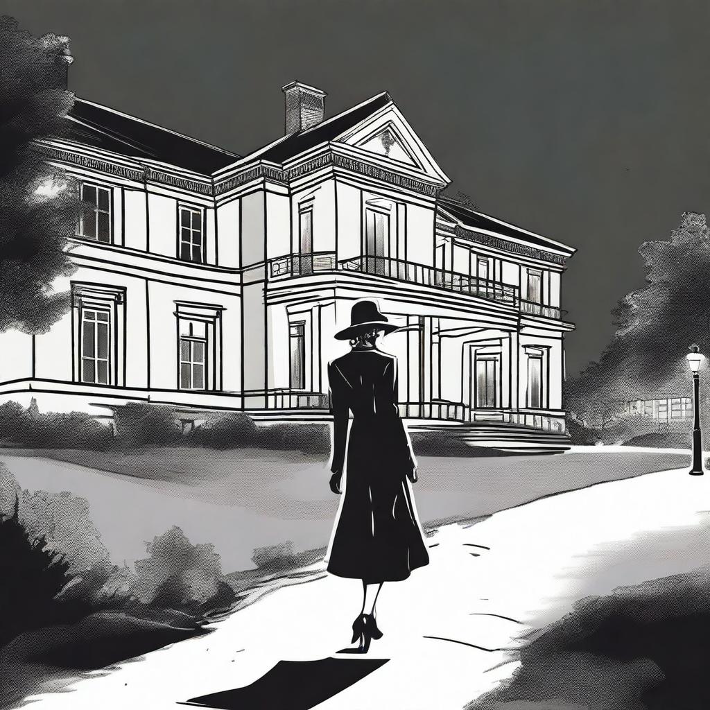A lady dressed in 1930s attire walking at night towards a well-lit old hotel in the countryside, sketched in black and white