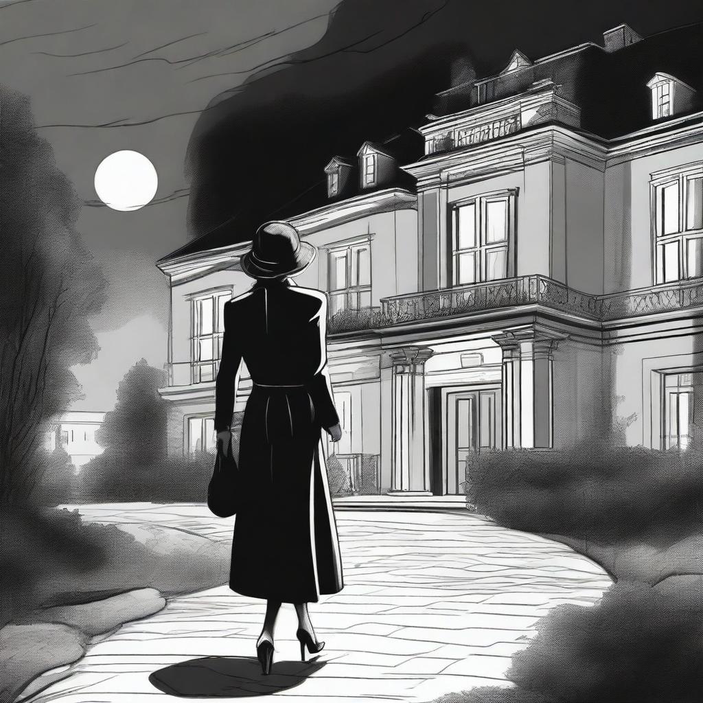 A lady dressed in 1930s attire, walking at night towards a well-lit old hotel in the countryside
