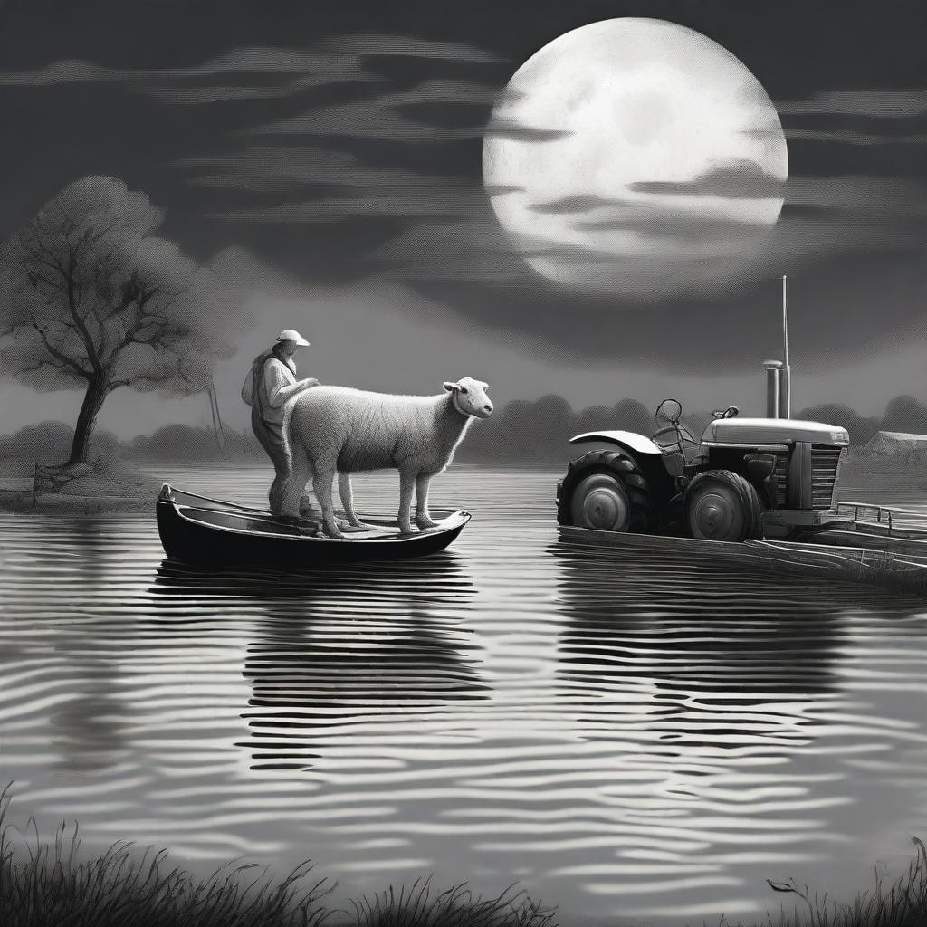 A lamb perched on a tractor in a flood, under a full moon