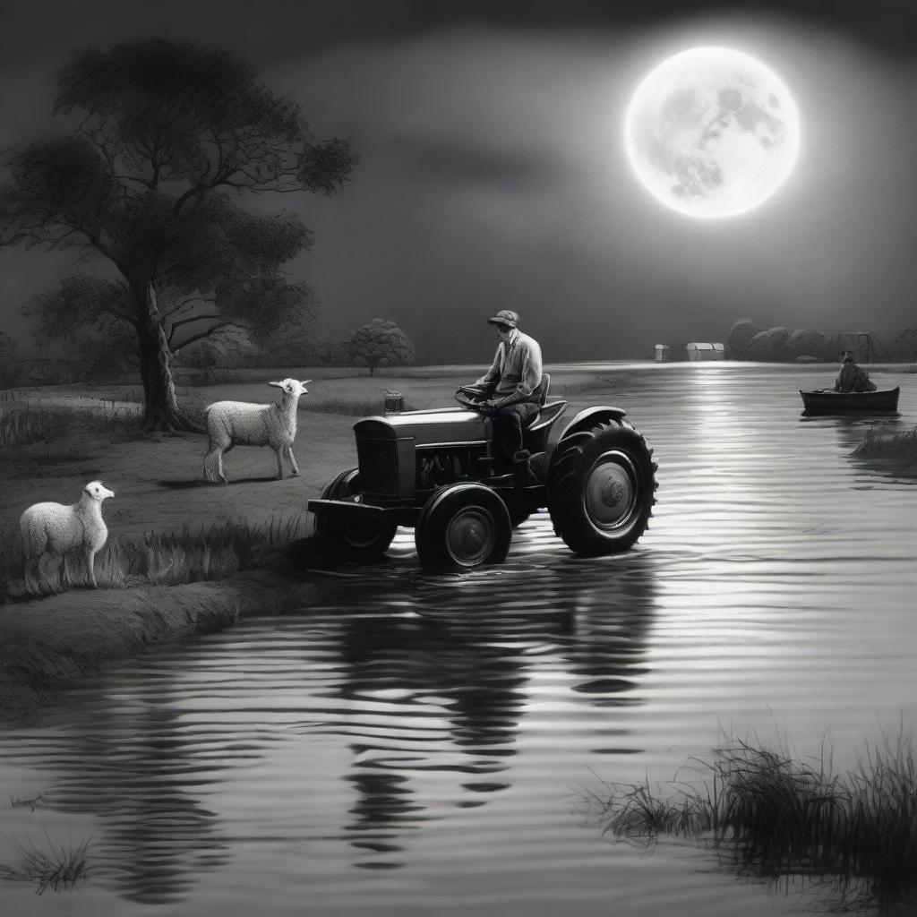 A lamb perched on a tractor in a flood, under a full moon