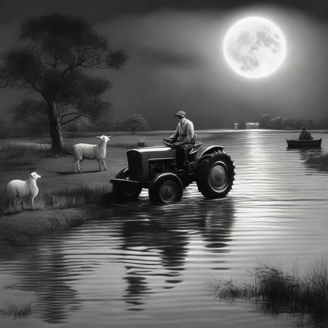A lamb perched on a tractor in a flood, under a full moon