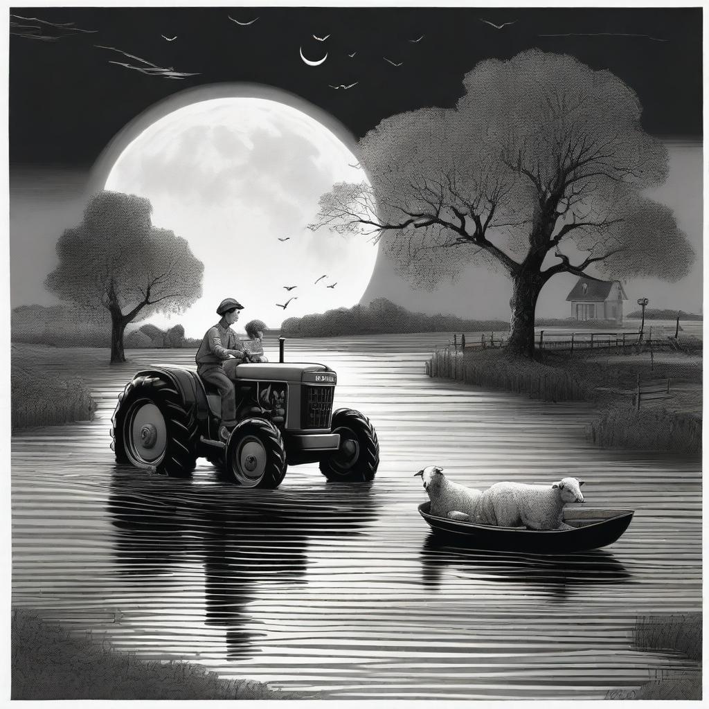 A small lamb on a tractor in a flood, under a full moon