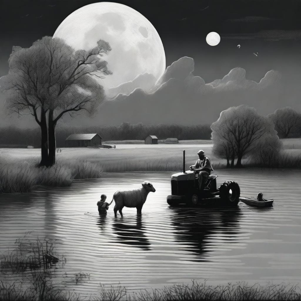 A small lamb on a tractor in a flood, under a full moon