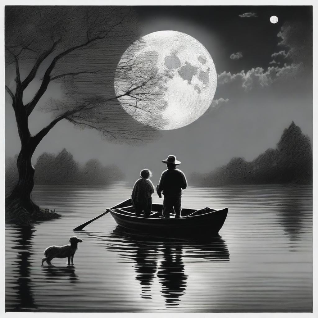 At night in a flood, two men in a rowboat carry a small lamb under the full moon