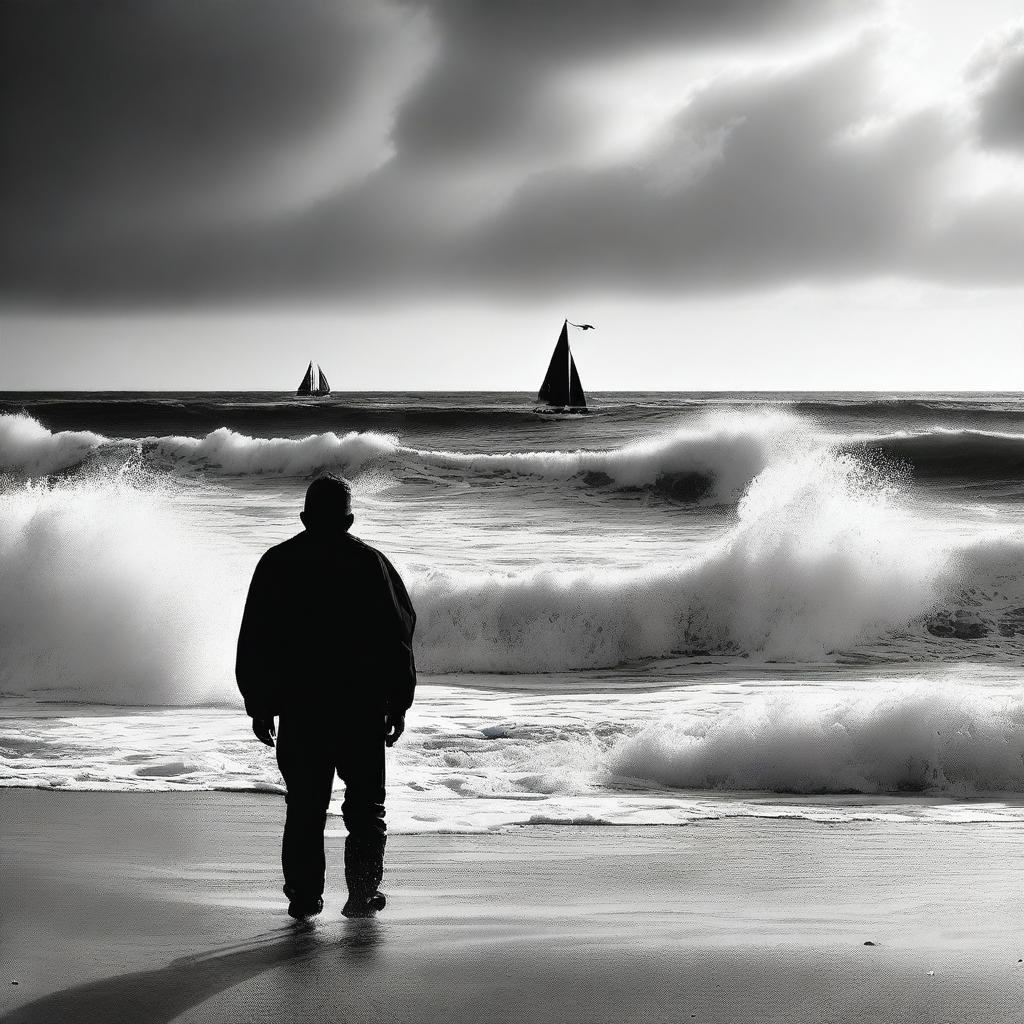 A realistic black and white image of crashing waves on a beach