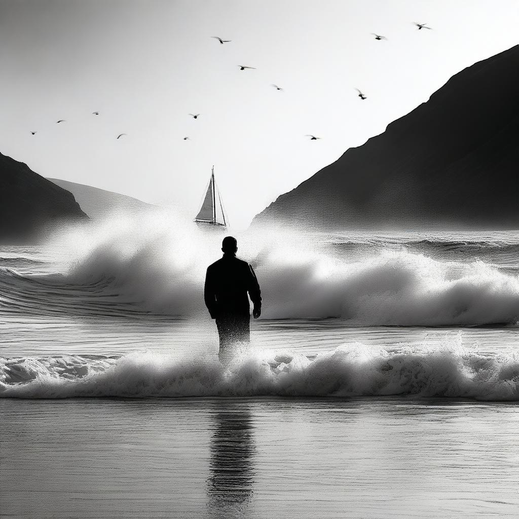 A realistic black and white image of crashing waves on a beach