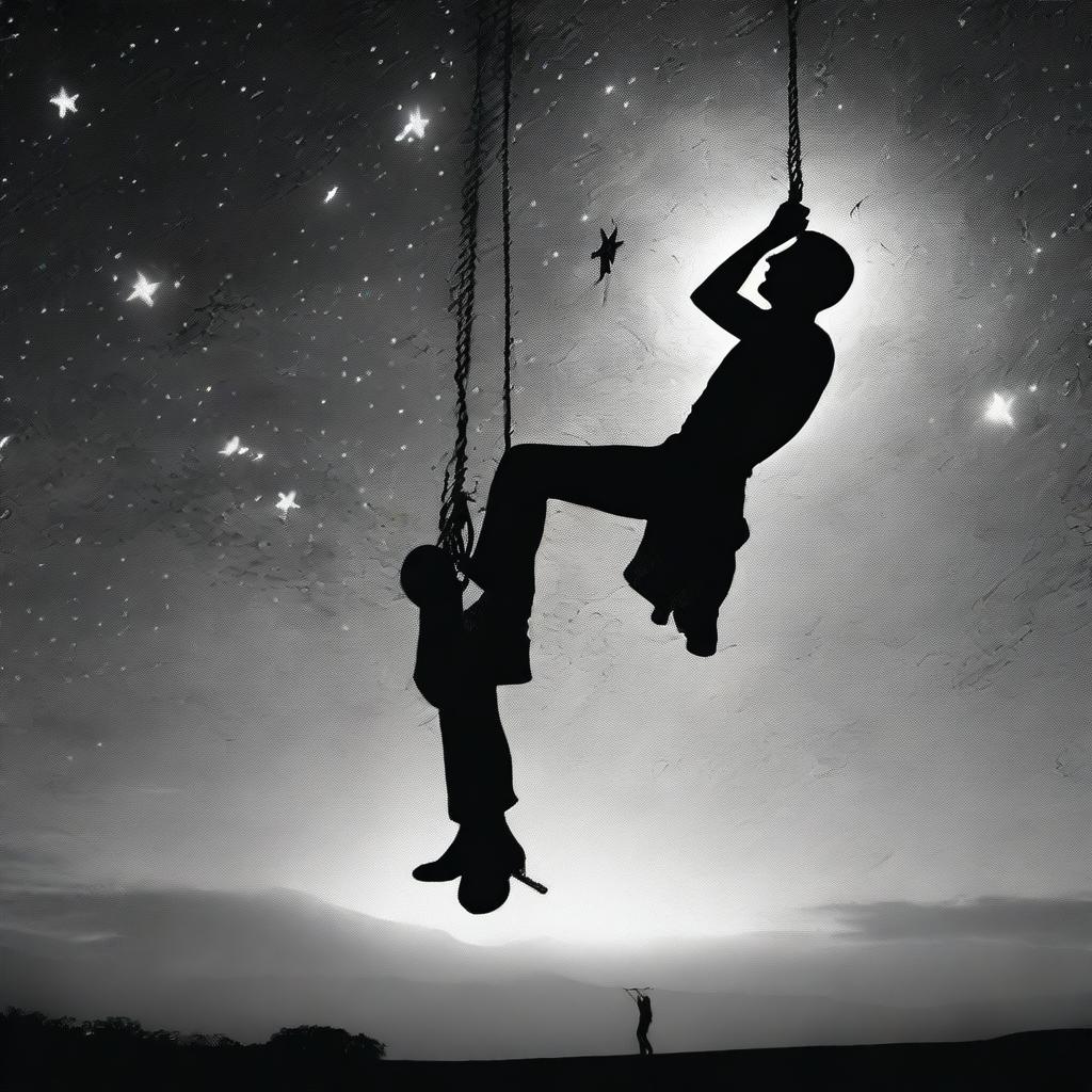 A realistic black and white image set at midnight, featuring a man climbing down a rope suspended from the ear of a large sculptured head of Henry Lawson